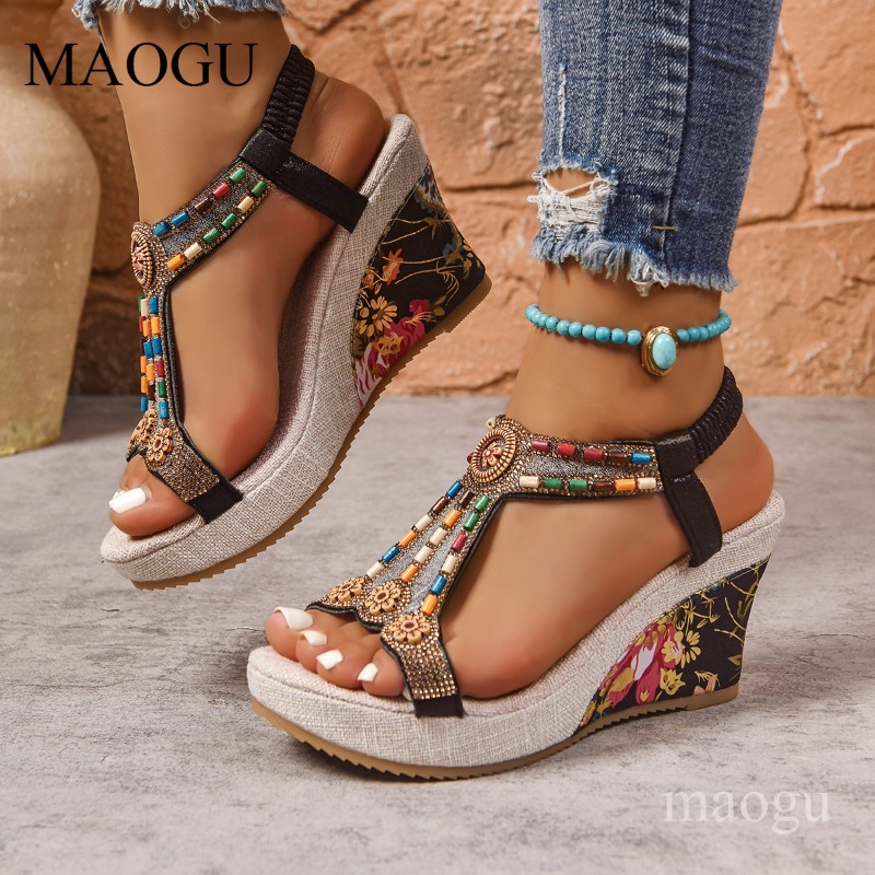 Ethnic Fashion In - Boho Beaded Floral Wedge Sandals for