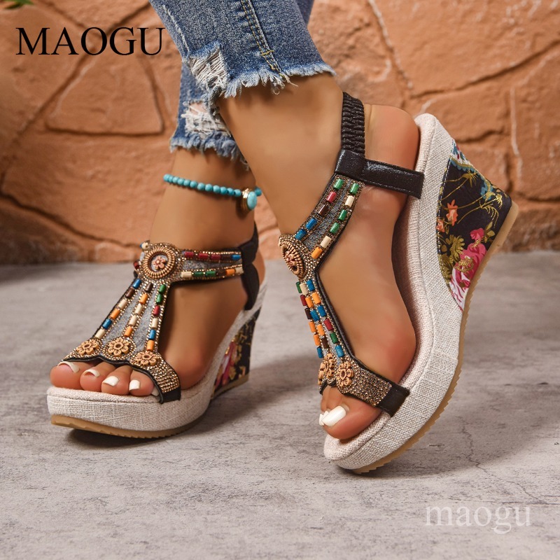 Boho Beaded Floral Wedge Sanda - Ethnic Fashion In 评论和价格