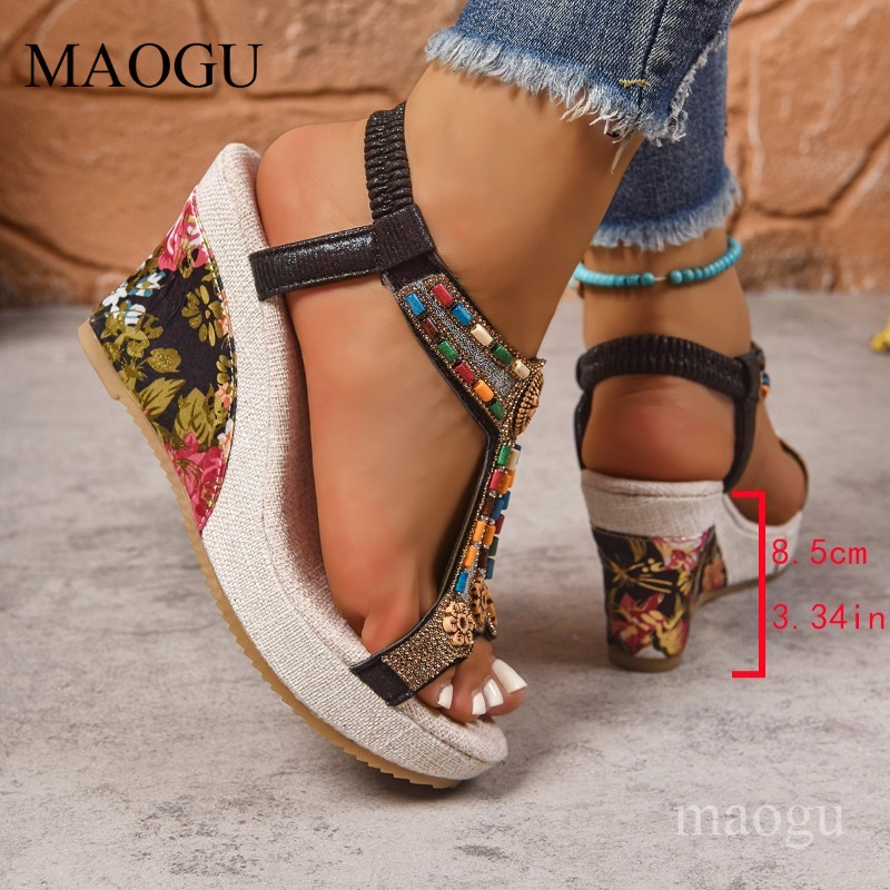 Boho Beaded Floral Wedge Sanda - Ethnic Fashion In 评论和价格