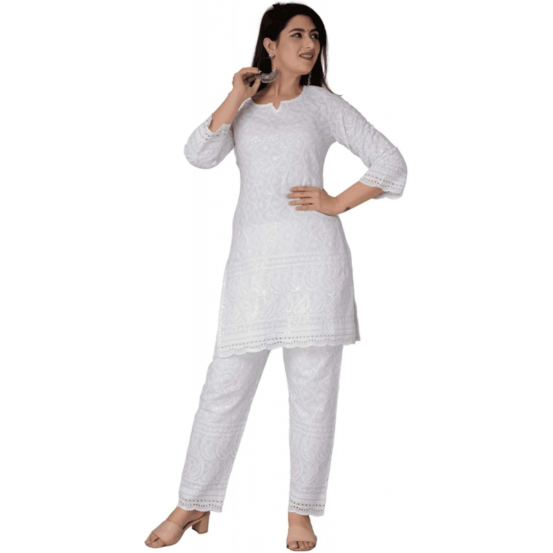 Chikankari Cotton Indian Kurti - Salwar Kameez Set 评论和价格